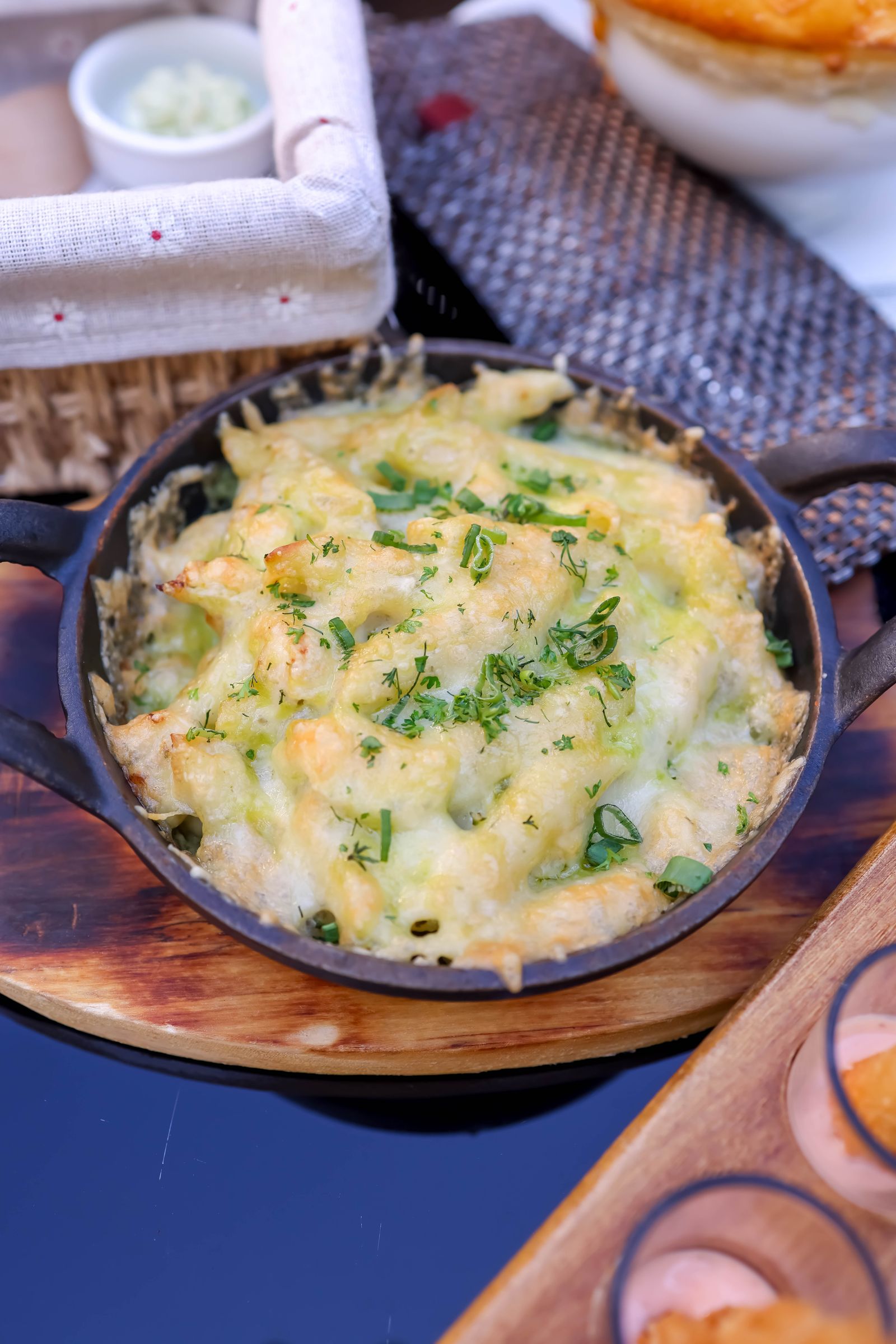 Homemade baked macaroni and cheese topped with melted cheese