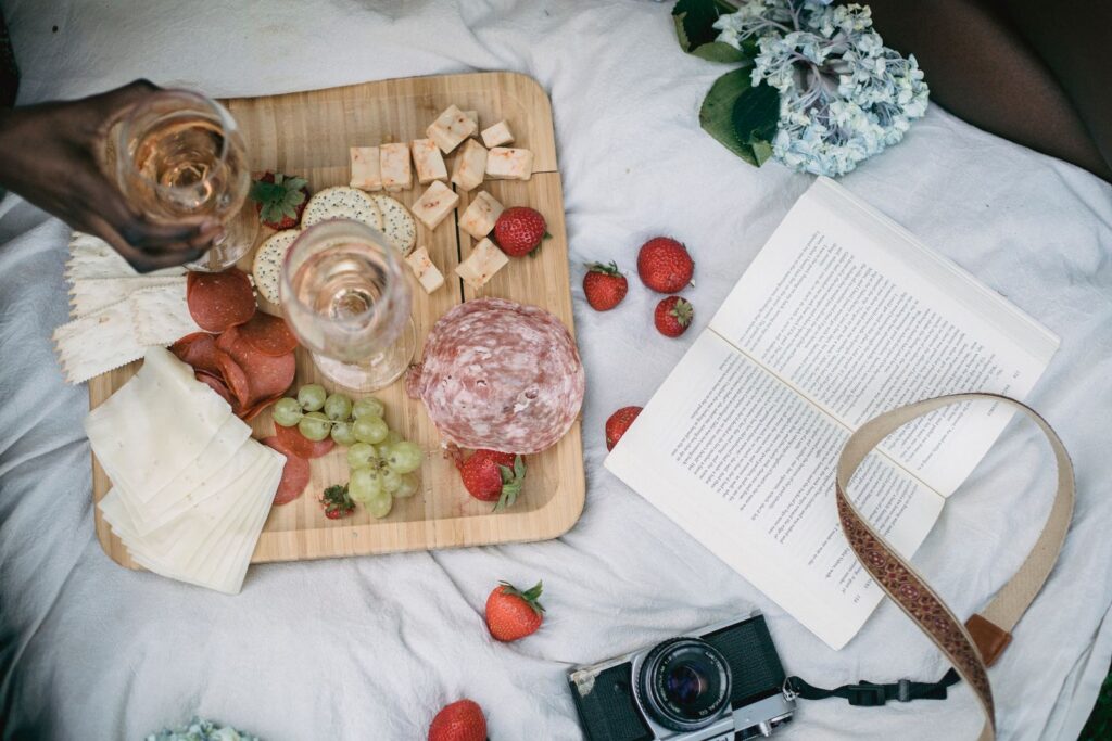 Charcuterie picnic spread served with rosé wine