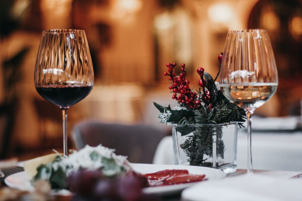 Festive Christmas table with wine glasses