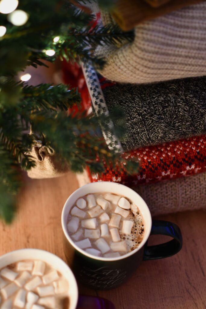 Warm cups of hot chocolate with marshmallows