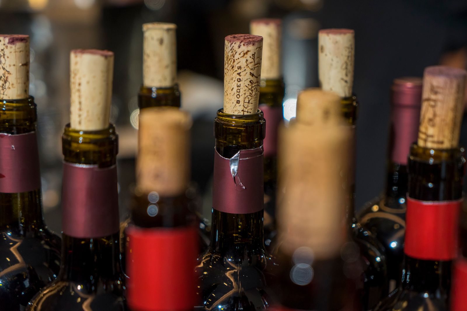 Corked wine bottles stored after opening