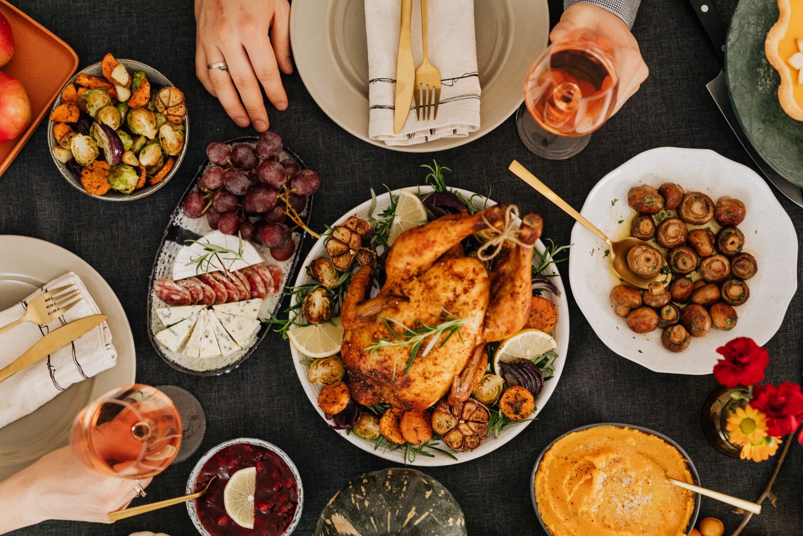Roast chicken dinner served with wine